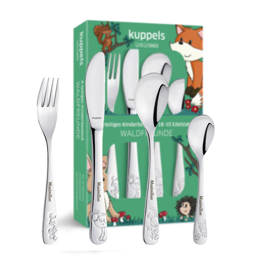 4-teiliges Edelstahl Kinderbesteck Waldfreunde-Design ausgepackt – Messer, Gabel, großer und kleiner Löffel
